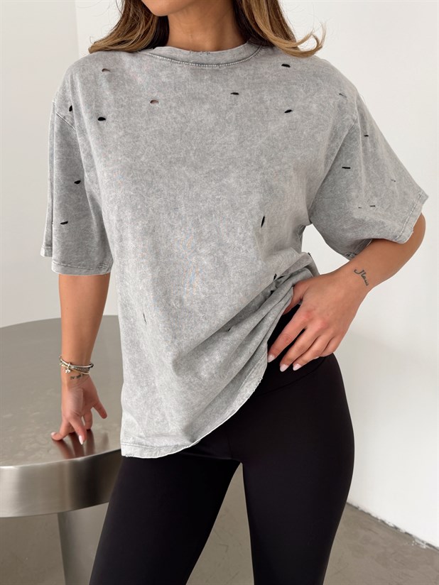 Delikli Yıkama T-shirt - Gri