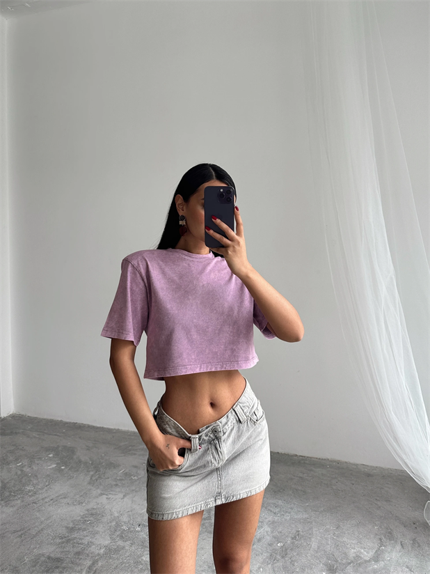 Yıkamalı Vatkalı Crop Basic - Lila