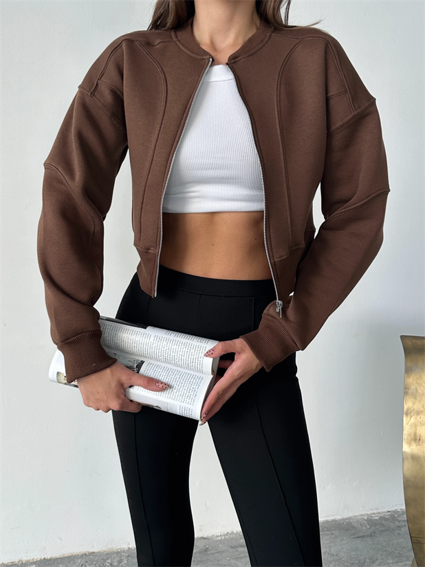 Bisiklet Yaka Fermuarlı Hırka - Kahve