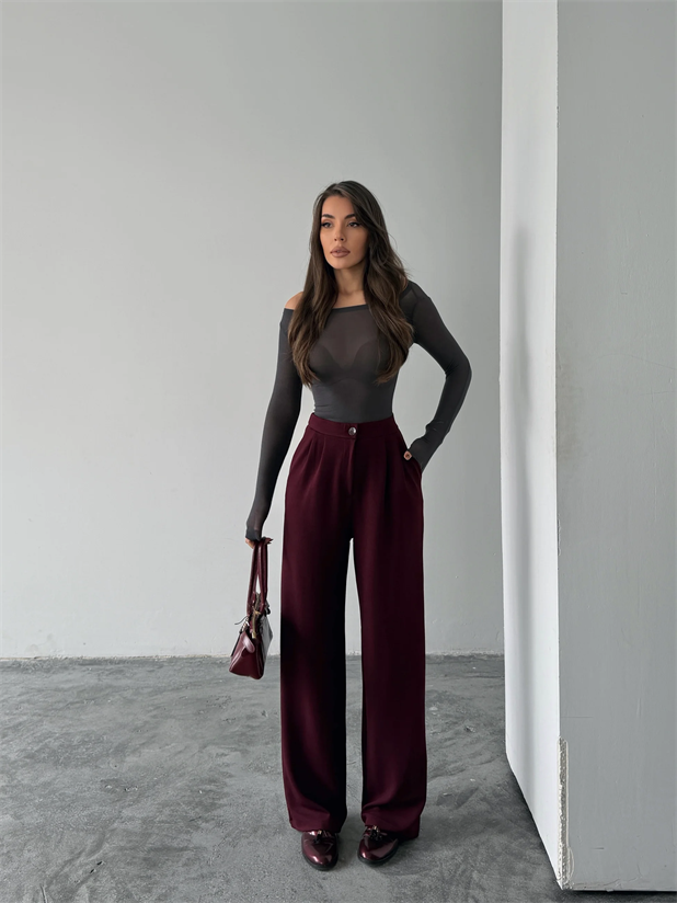 Pileli Jakar Palazzo Pantolon  - Bordo