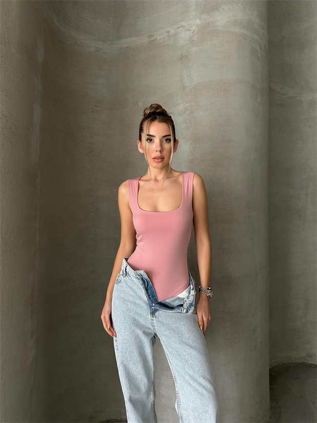 Hera Kare Yaka Bodysuit Pembe - Pembe