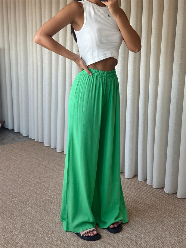 Bel Lastik Tiril Palazzo Pantolon Çimen Yeşili - Çimen Yeşili
