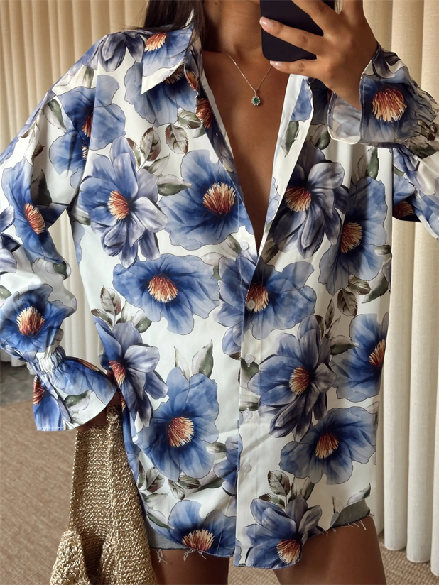 Çiçek Desenli Gömlek - Lacivert
