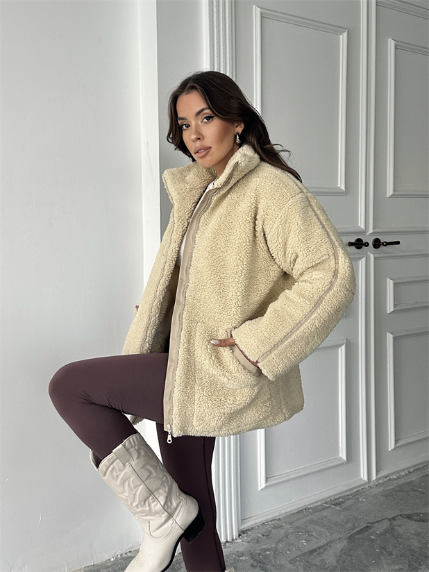 İç Astarlı Oversize Peluş Mont  - Taş