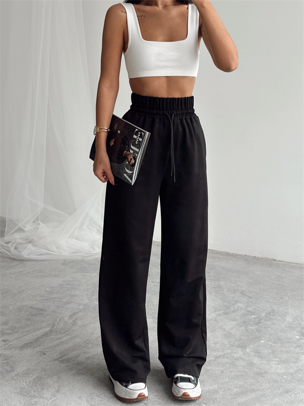 Bel Lastik Detay Palazzo Eşofman - Siyah