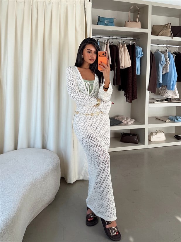 V Yaka Bağlamalı Maxi Pareo - Ekru