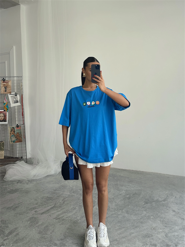 Fruit Nakış Basic T-shirt Mavi - Mavi