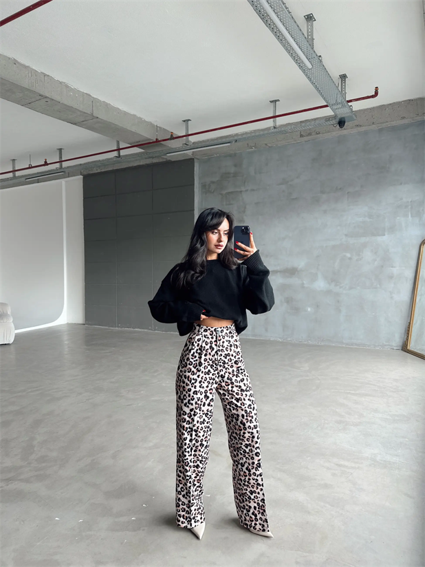 Animal Desen Palazzo Pantolon - Leopar