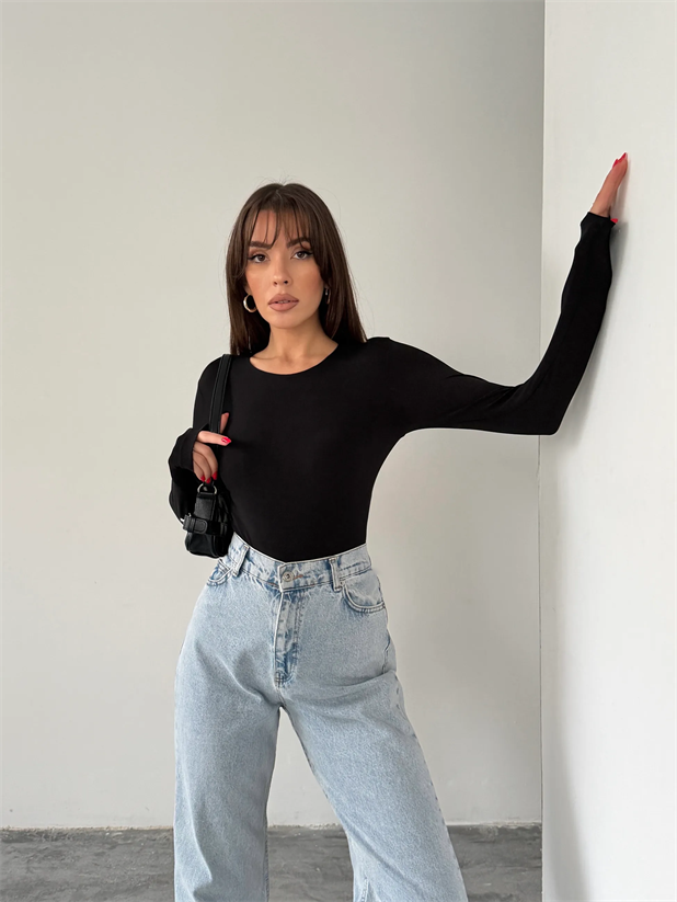 Bisiklet Yaka Bodysuit - Siyah