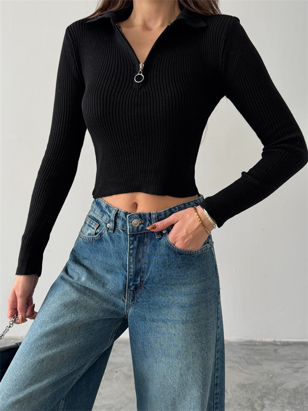 Yarım Fermuarlı Triko - Siyah
