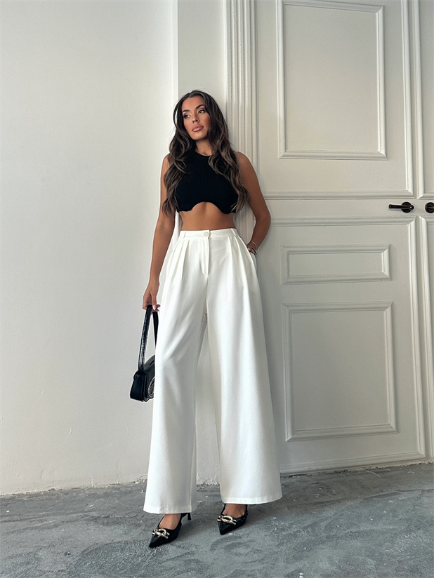 Üç Pile Palazzo Pantolon - Beyaz