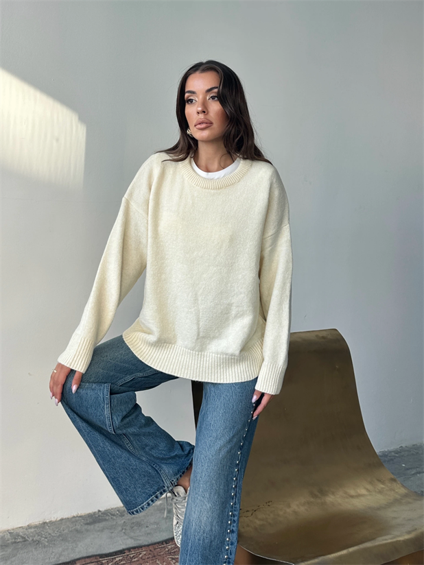 Yıkamalı Şardonlu Triko Kazak - Ekru