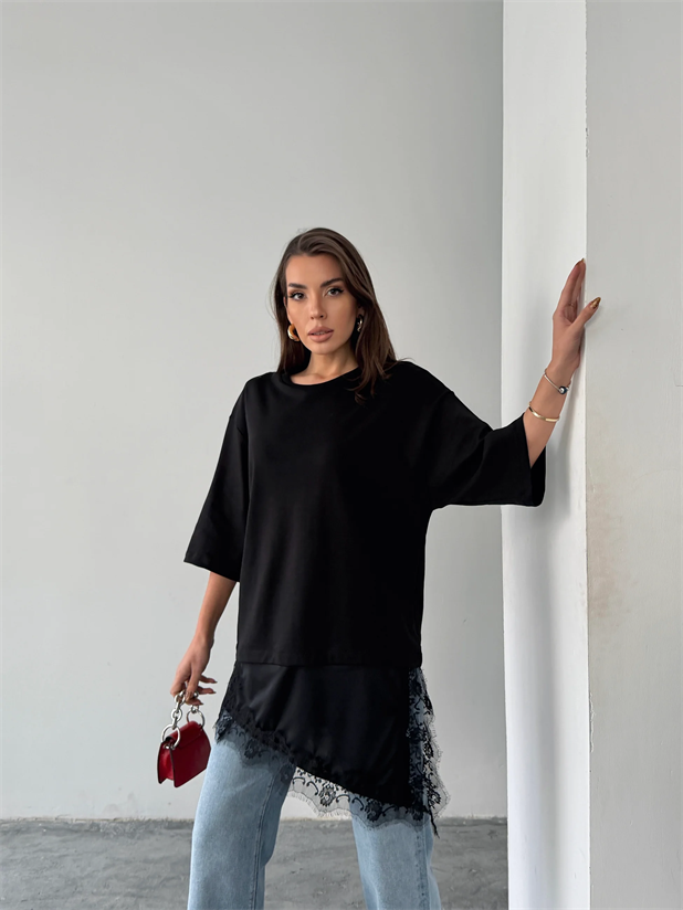 Dantel Detaylı Oversize Basic - Siyah