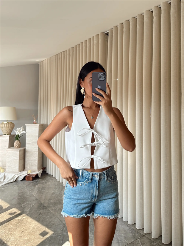 Keten Bağcıklı Yelek  - Beyaz