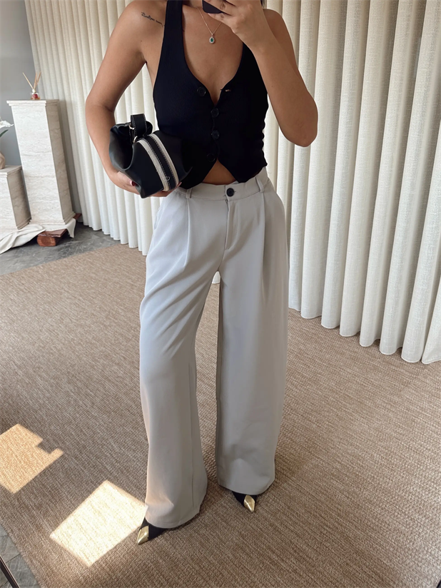 Paçası Düğmeli Palazzo - Gri