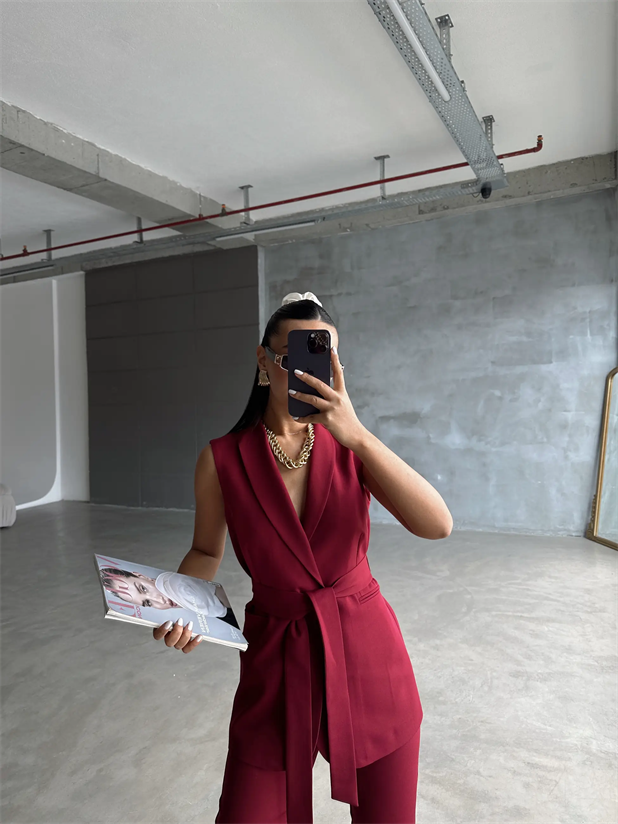 Bağlamalı Blazer Yelek  - Bordo