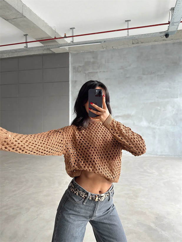 Delik Detaylı Trend Kazak Taba - Taba