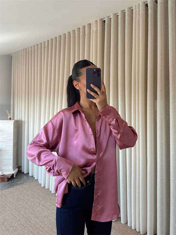 Oversize Saten Gömlek - Gül Kurusu