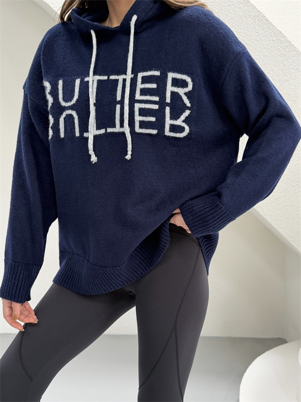 Kapüşonlu Butter Triko Kazak - Lacivert