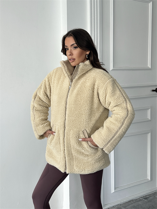 İç Astarlı Oversize Peluş Mont  - Taş