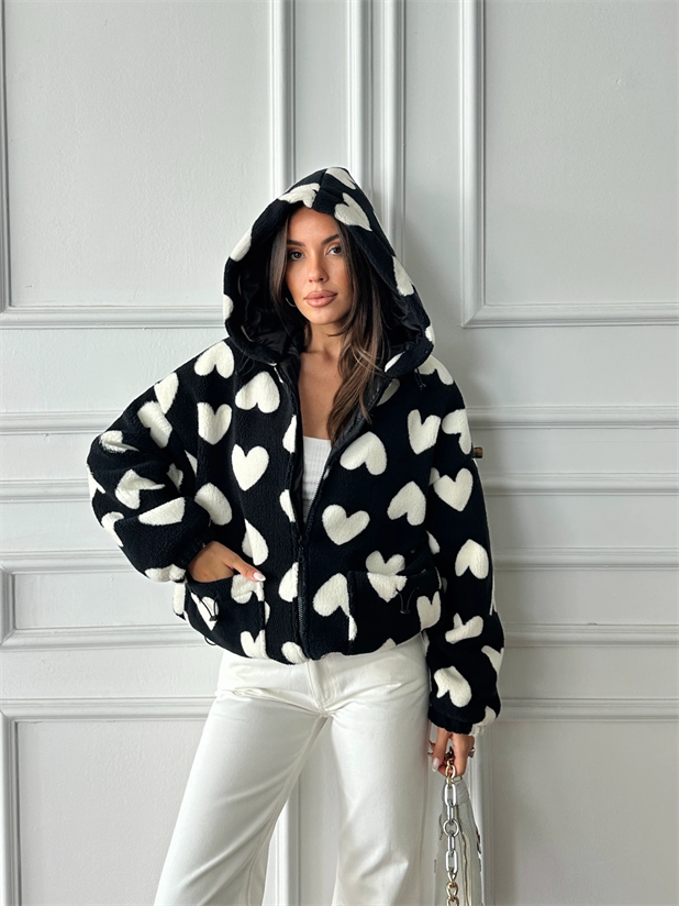 Kalp Desenli Fermuarlı Peluş - Siyah