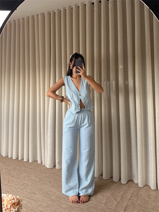 Bel Lastik Müslin Pantolon - Mavi