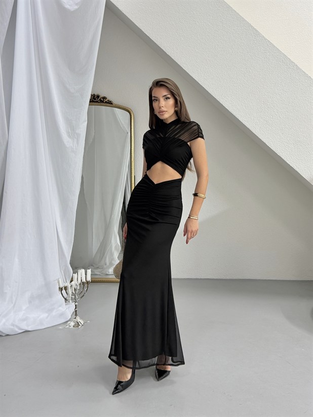 Göğüs Detaylı Maxi Tül Elbise - Siyah