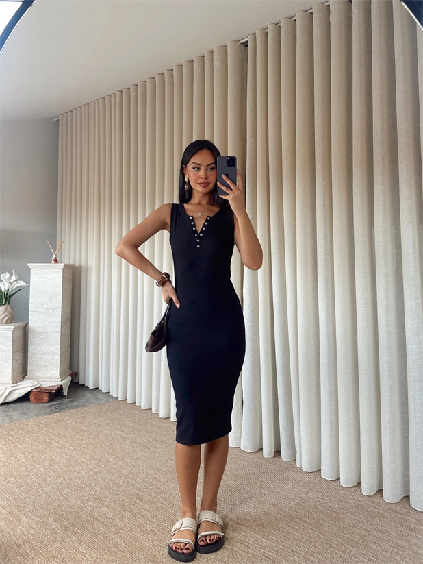 Önü Yarım Çıtçıt Fitilli Elbise - Siyah