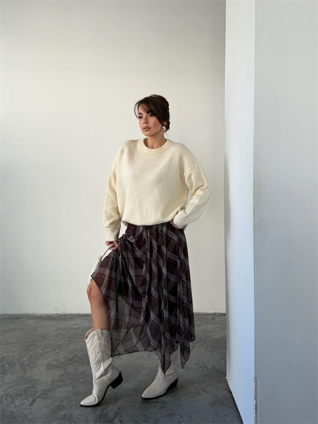 Beli Lastikli Asimetrik Şifon Etek - Geometrik