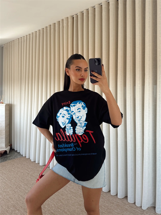 Tequila Baskılı Tshirt Siyah - Siyah