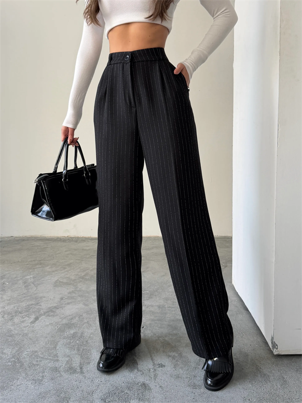 Yünefekt Çizgili Palazzo - Siyah