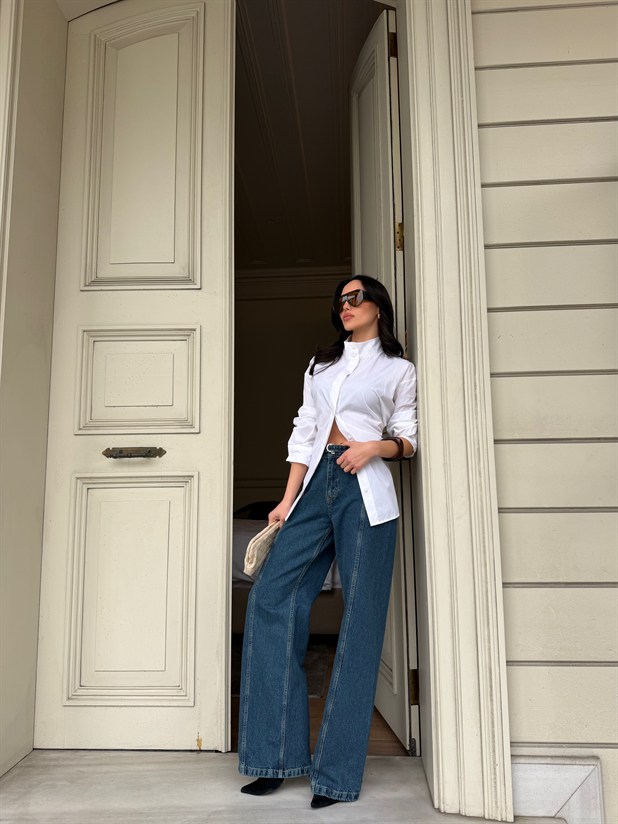 Kemerli Wide Leg Jean - Mavi