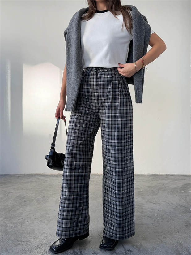 Ekose Üç Pile Palazzo Pantolon  - Siyah