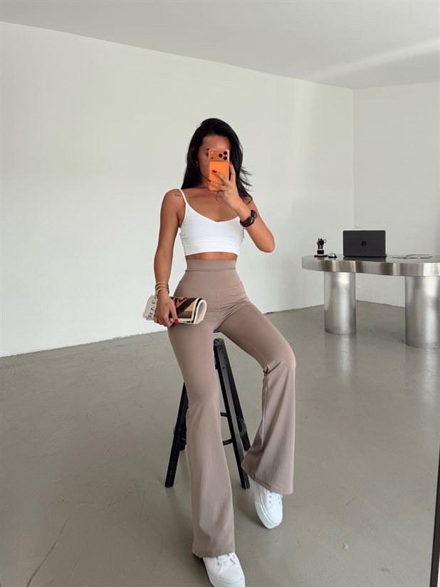 Yüksek Bel İspanyol Paça Tayt - Vizon