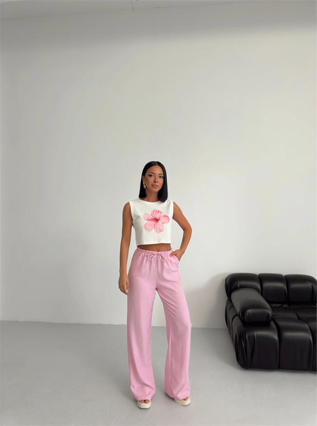 Beli İnce Lastikli Keten Palazzo - Pembe