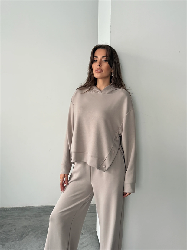 Çıt Çıt Detaylı Kapüşonlu Takım  - Taş