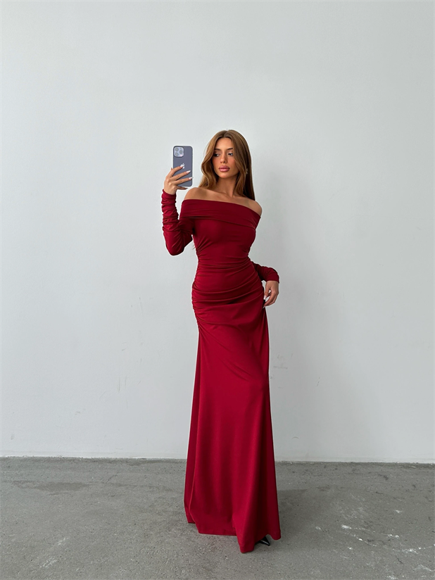 Madonna Yaka Uzun Elbise Bordo - Bordo