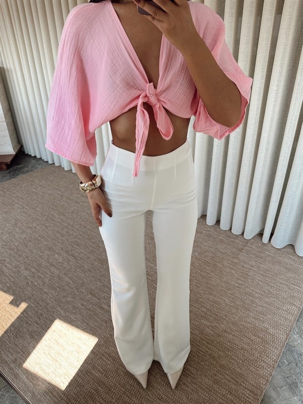 Yarım İspanyol Paça Pantolon - Beyaz