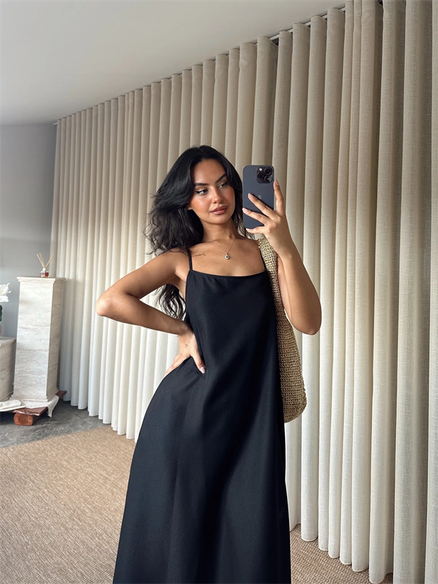 Cepli Keten Elbise - Siyah