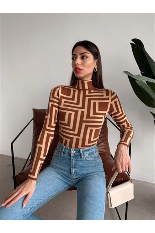 Desenli Dik Yaka Triko Bluz KİREMİT DESEN - Kiremit Desen