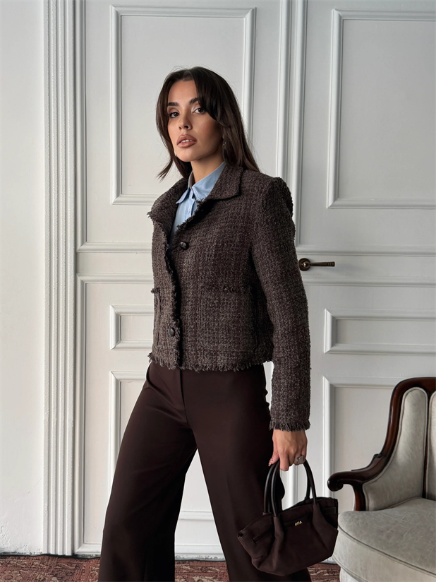 Püskül Detay Tüvit Ceket - Kahve