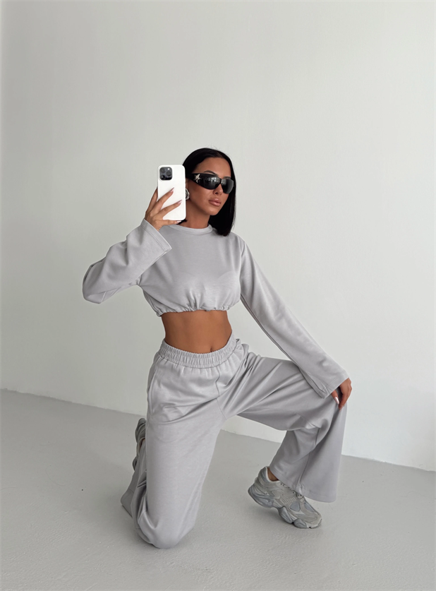 Bağcık Detay İkili Eşofman Takım Gri - Gri