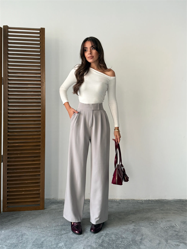 Bel Cırtlı Palazzo Pantolon  - Gri