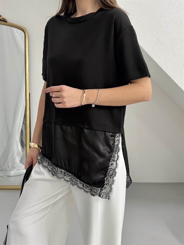 Altı Saten Dantel Basic - Siyah