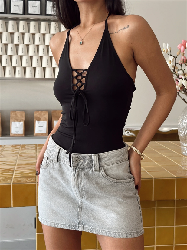 Maya Önden Bağcıklı Bodysuit Siyah - Siyah