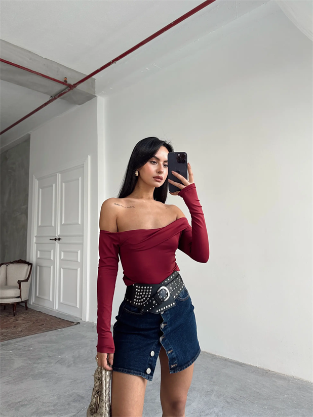 Yaka Katlama Bluz  - Bordo