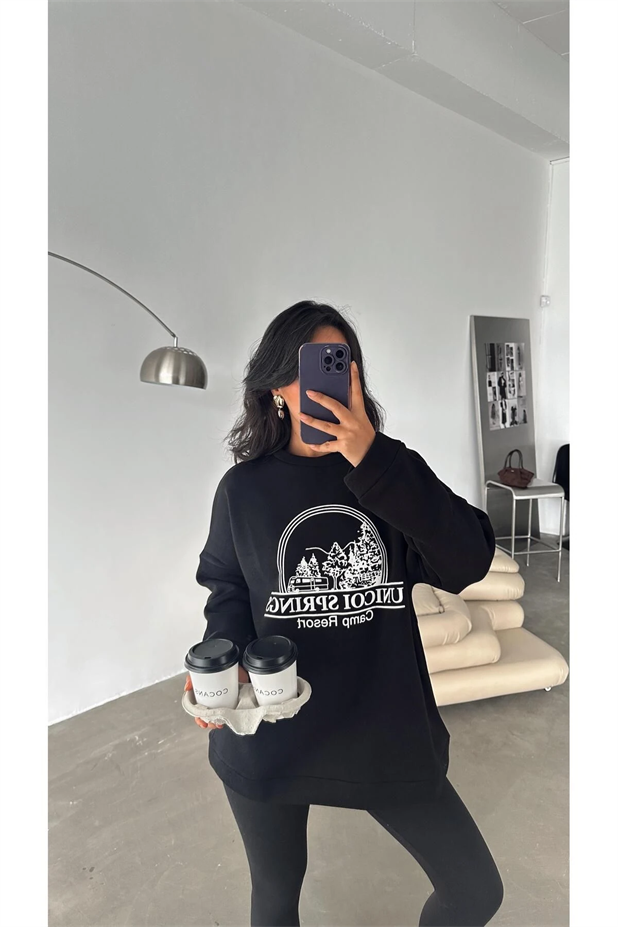 Unicoi Springs Üç İplik Oversize Sweat Siyah - Siyah