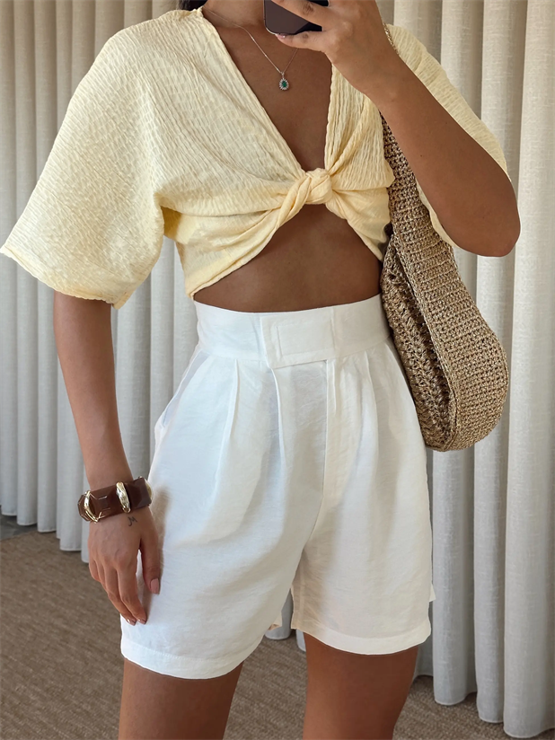 Cırtlı Keten Şort - Beyaz