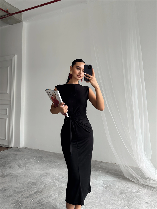 Yandan Bağlamalı Elbise - Siyah