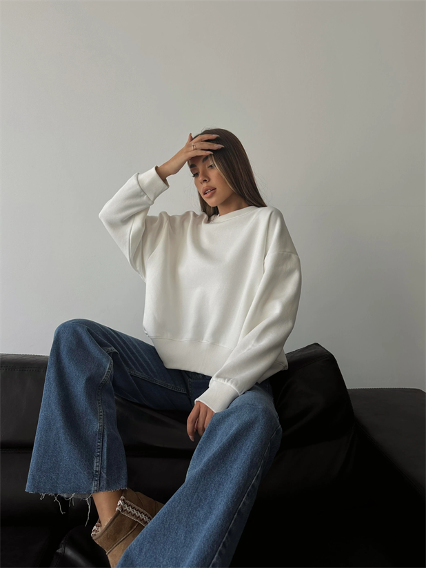 Sage Bisiklet Yaka Sweatshirt Beyaz - Beyaz